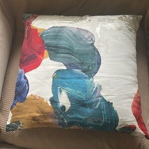 NWT West Elm Art Deco Pillow.  Blue, Gold, Red with White Background. Metallic
